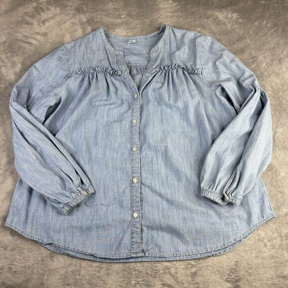 Old Navy Shirt Womens XL Blue Chambray‎ Smocked Long Sleeve Blouse Button Up - Picture 3 of 14